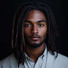 portrait of a man with dreadlocks wearing a light gray shirt