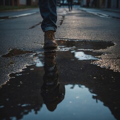 A figure walking on a foggy path.
