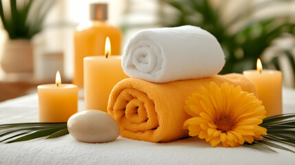Spa Relaxation Towels, candles, flower, and soap on table, wellness background.