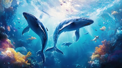Fototapeta premium Immerse your child in the wonders of the ocean with this vibrant wallpaper. Featuring majestic whales frolicking in the azure waters, it transports them to a serene and captivating underwater world. 