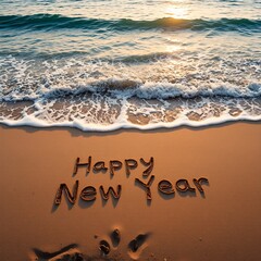 Fototapeta premium beach at sunrise, with 'Happy New Year' written in the sand 
