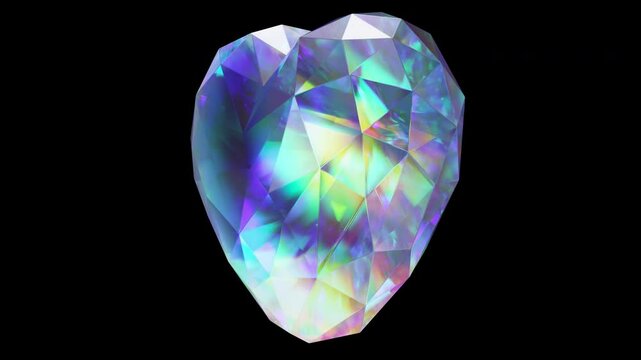 3d Colorful crystal on polygonal heart shape 3d animation isolated in alpha