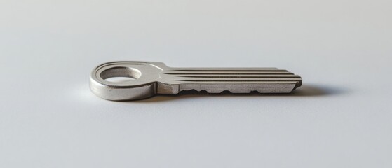 close-up of a silver key on a white background