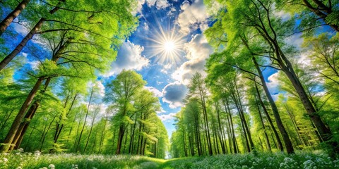 Fototapeta premium Sunlit Forest Path with Lush Greenery and Blooming Wildflowers