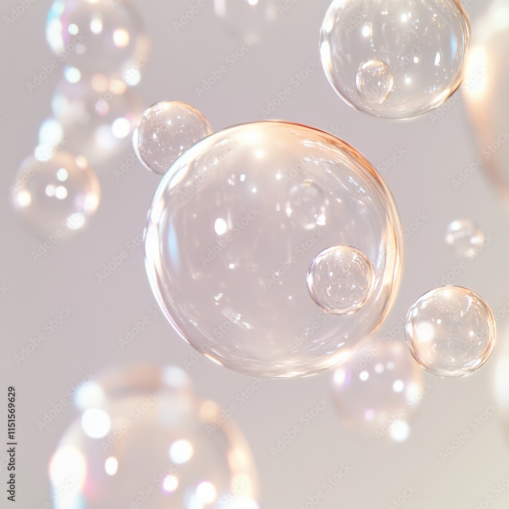 Poster close up of transparent floating bubbles with light reflecting