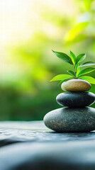 Obraz premium Relaxation self-care wellness. Stacked stones with a green plant in a serene, natural setting.