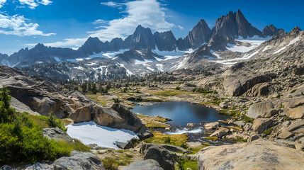 Fototapeta premium Majestic Alpine Lake nestled in the heart of a breathtaking mountain range. A stunning landscape of glaciers, rocks, and serene beauty.