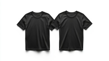 7.Pair of black t-shirts, front-facing, on a white background with precise clipping path; the simplicity of the image highlights the blank canvas of the shirts, ideal for branding or design mockups