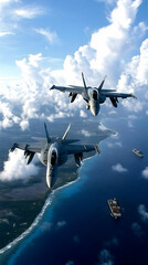 Two F/A-18 Super Hornets fly over island coastline, ocean, and tanker; military aerial warfare, defense.