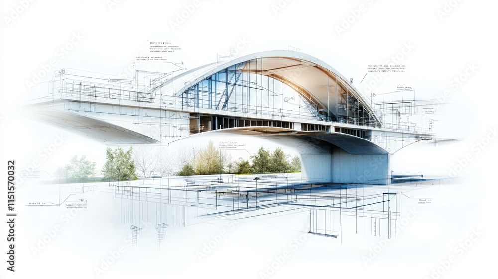 Poster engineering project detailed bridge design drawing in industrial setting with tools for technical an