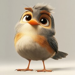 A fluffy animated bird with big eyes stands on a plain background