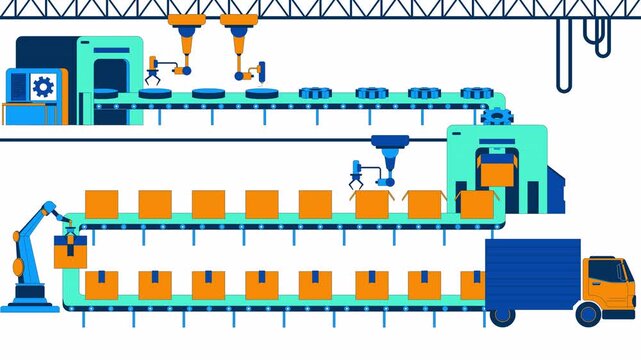 Gears production warehouse conveyor belt 2D animation. Manufacture 4K video motion graphic. Parts cogwheels automation factory industry equipment animated scene cartoon flat concept, white background
