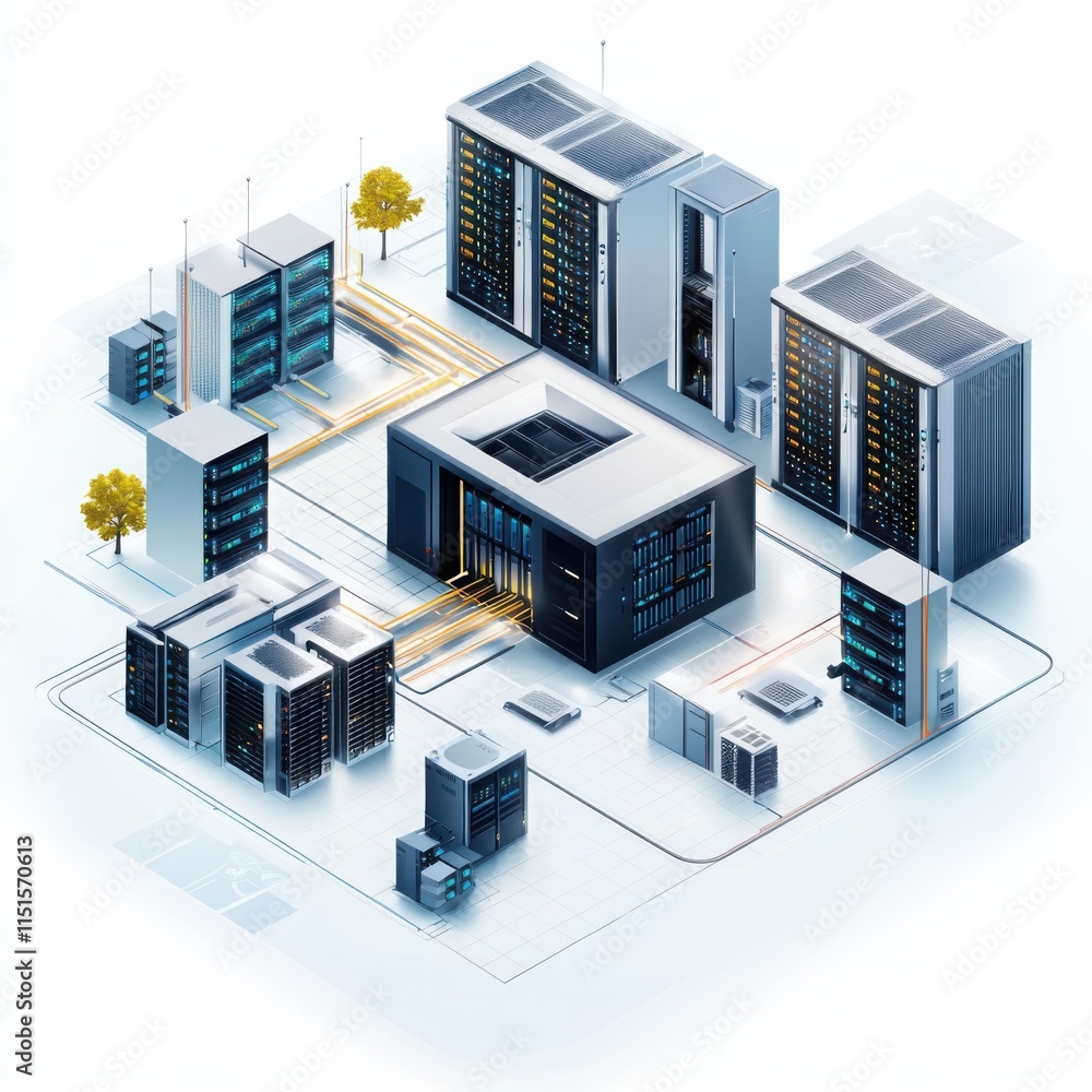 Poster technical project drawing of a data center design featuring server racks and it equipment in a high-