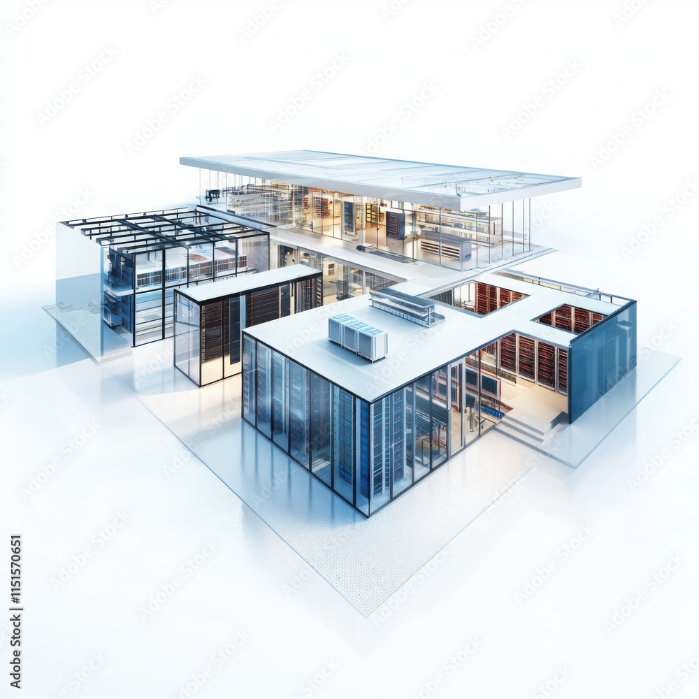 Poster technical project drawing of data center design featuring server racks and it equipment in high-tech