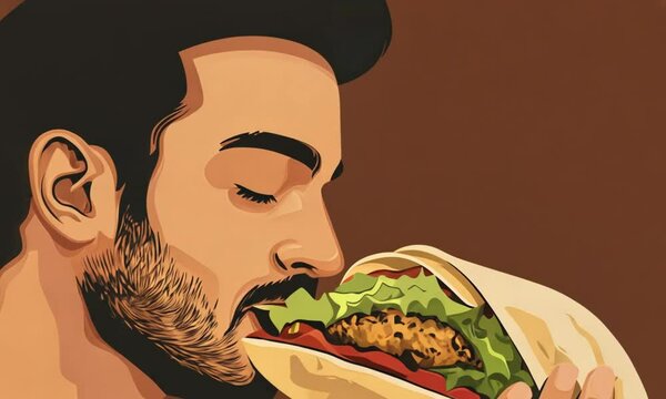 Bearded Man Devouring a Delicious Veggie Burger in a Soft Bun