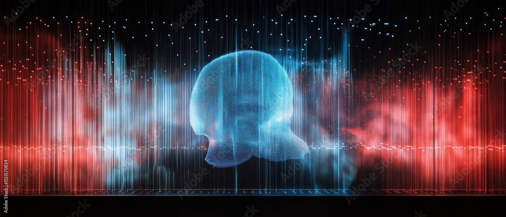 Poster digital representation of a face with red and blue lines and particles
