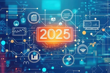Obraz premium Virtual elements display futuristic technology concepts like data analysis and connectivity, highlighted by the year 2025 at the center, symbolizing progress and innovation.
