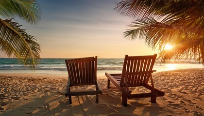 Relaxing Afternoon at a Tropical Beach With Palm Trees and Sunset Over Calm Ocean Waves
