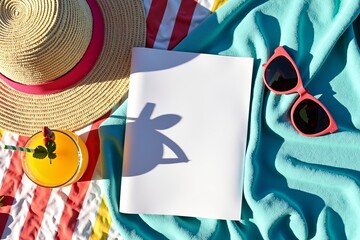 Bold magazine mockup on a beach towel with sunglasses, a straw hat, and a tropical cocktail under bright sunlight, showcasing vibrant summer aesthetics and sharp shadows