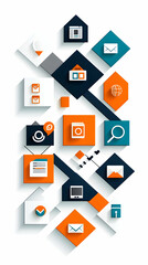 Naklejka premium Abstract business process icons; workflow, connection, communication, digital, network, technology, white background, website design.