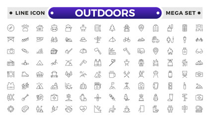 Outdoors outline icon set .The set includes a Camping, Hiking, Compass, Mountain, Fishing, Tourism, Carabiner, Climbing, Kayak, Map, Flashlight, Picnic, Bench, Bicycle, Recreation, Outdoor, Nature.