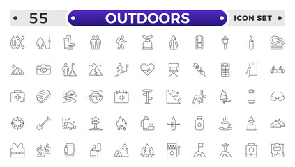 Outdoors outline icon set .The set includes a Camping, Hiking, Compass, Mountain, Fishing, Tourism, Carabiner, Climbing, Kayak, Map, Flashlight, Picnic, Bench, Bicycle, Recreation, Outdoor, Nature.