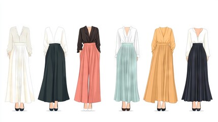 53.Technical flat illustrations of women palazzo pants, featuring multiple front and back views with different waistband and pleat designs; vector style captures the fluid, wide-leg fit and classic