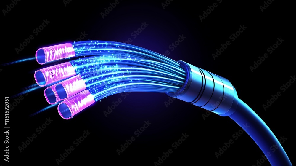 Poster 3d vector illustration of a futuristic fiber optic cable composed of flexible strands carrying digit