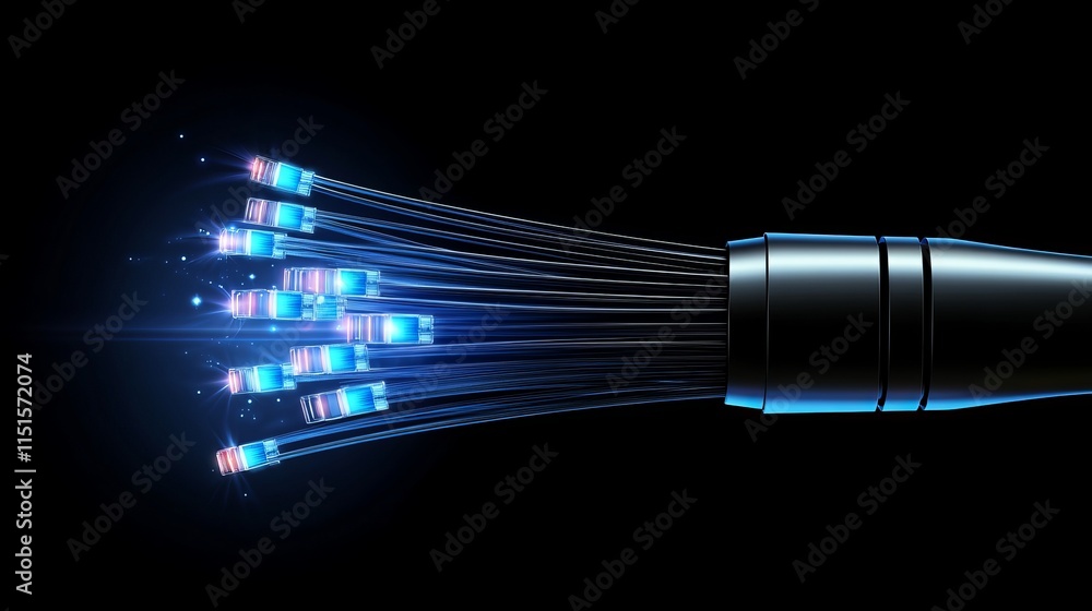 Poster 3d vector illustration of a futuristic fiber optic cable composed of flexible strands carrying digit
