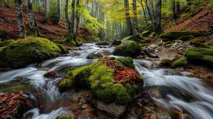 A serene mountain stream flowing through a dense forest, with moss-covered rocks and fallen leaves