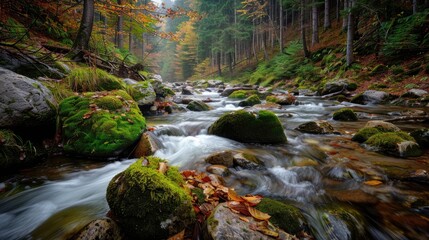 Obraz premium A serene mountain stream flowing through a dense forest, with moss-covered rocks and fallen leaves