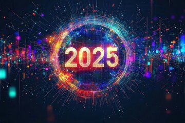 Obraz premium Brightly colored digital elements radiate around the year 2025, creating a dynamic, futuristic atmosphere.
