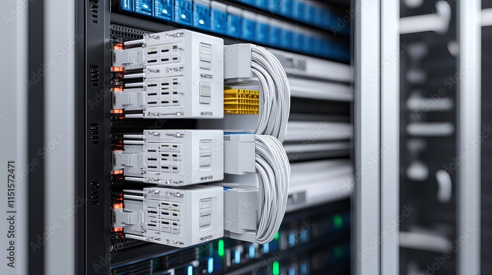 Poster a 3d illustration of ethernet cables plugged into a server rack showing active connections and digit