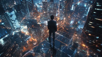 Fototapeta premium Entrepreneur observing futuristic cityscape at night dynamic urban connections and insights