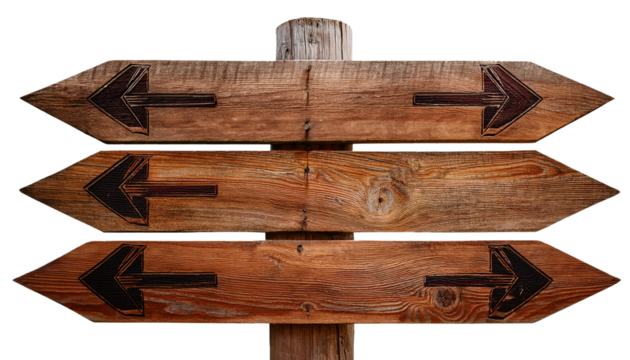 A rustic wooden sign with multiple arrows pointing in various directions. Transparent background.