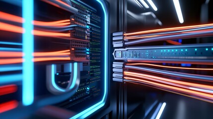 A 3D illustration of Ethernet cables plugged into a server rack showing active connections and digital infrastructure