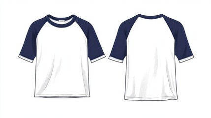 Naklejka premium 27.Fashion illustration of a unisex raglan sleeve t-shirt, showing both front and back views with an oversized fit; white body paired with dark blue sleeves, rendered in precise technical style for