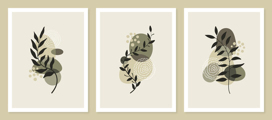 Set boho art drawing with abstract shape. Abstract Plant Art design for print, cover, wallpaper, Minimal and natural wall art.