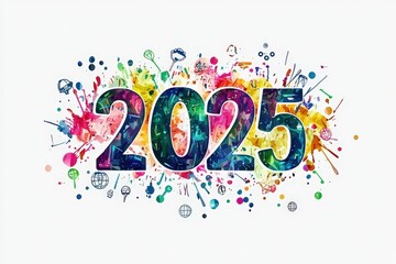 Vibrant artwork showcases the year 2025, featuring splashes of color and icons symbolizing technology, creativity, and progress. The design reflects a modern and dynamic future vision.