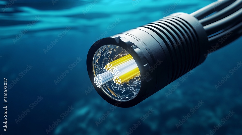Poster a 3d rendering of an underwater submarine communication cable resting on the seabed representing glo