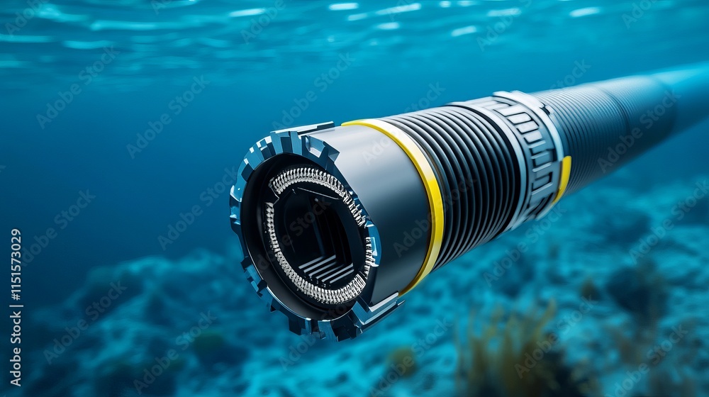 Poster a 3d rendering of an underwater submarine communication cable resting on the seabed representing glo
