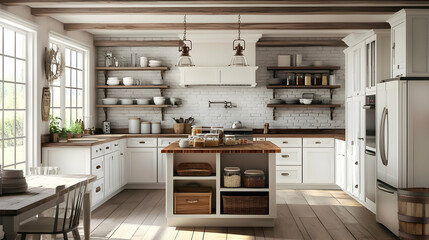 Rustic Farmhouse Kitchen Design with White Cabinets and Wooden Beams