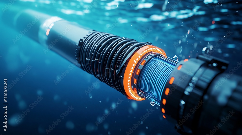 Poster a 3d rendering of an underwater submarine communication cable resting on the seabed representing glo