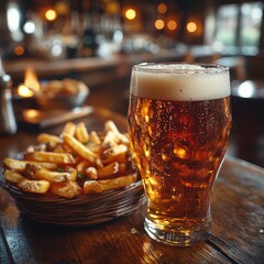 Amber ale served in a rustic pub setting with a backdrop of barrels
