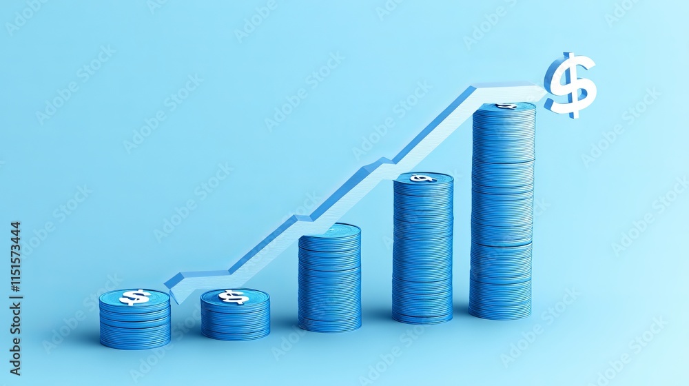 Poster a 3d visualization of financial growth charts and bar graphs on a coin background representing inves