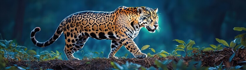 A majestic jaguar walks through a lush, green environment, showcasing its beautiful spotted coat against a vibrant, mystical backdrop.