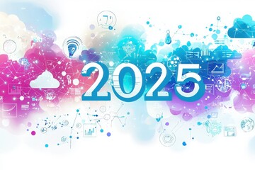 Fototapeta premium Bright colors and digital elements prominently feature the year 2025, highlighting technological advancements and trends.
