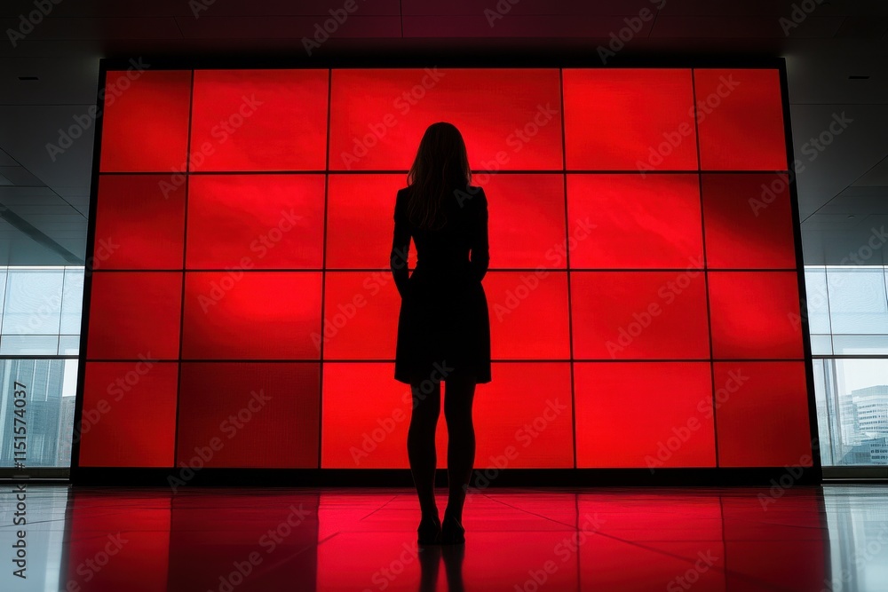 Poster woman standing in front of a large screen displaying a red stock decline with dramatic low key light