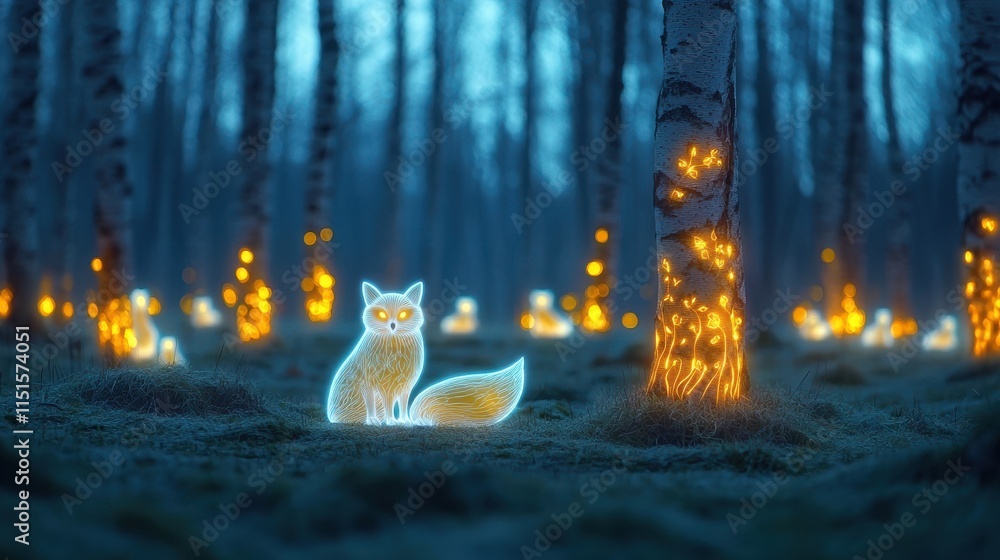 Poster a glowing fox sits in a mystical forest, surrounded by illuminated trees, creating an enchanting and