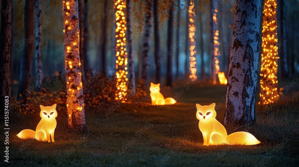 Poster a serene forest scene illuminated by glowing foxes and trees wrapped in lights, creating a magical n